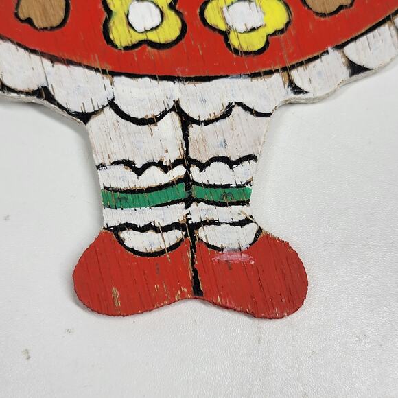 VINTAGE Wooden Girl Christmas Ornament 4" Red Hand Painted Flat Double Side 70s - Picture 10 of 12